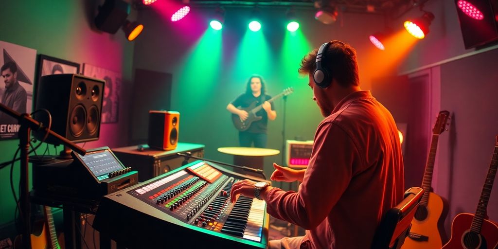 Musician in a lively studio adjusting sound equipment.