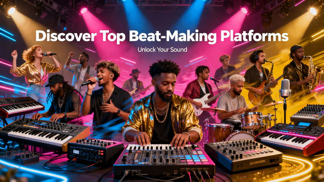 Collage of music artists and production gear for beat websites.