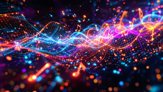 AI music creation visualized with sound waves and digital patterns.