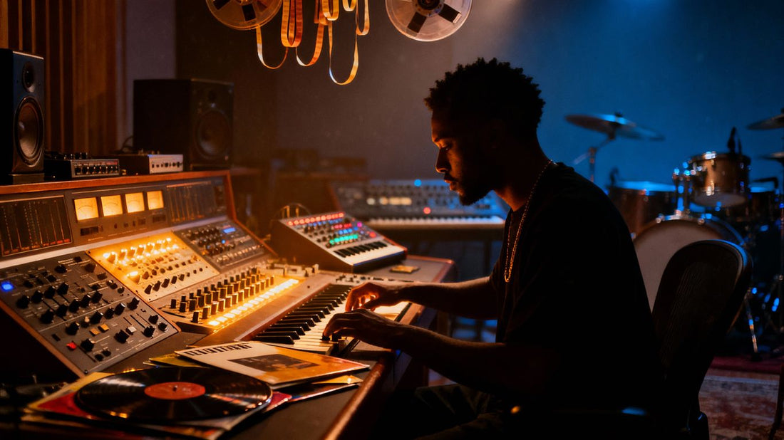 Southern trap music studio with vintage equipment and producer.