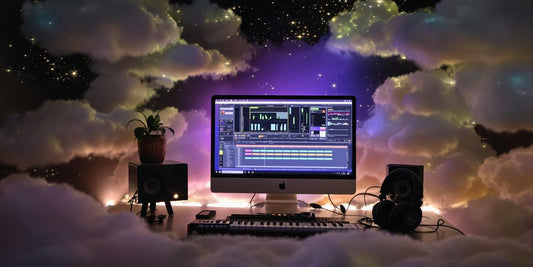 Cozy music studio with pastel lights and dreamy elements