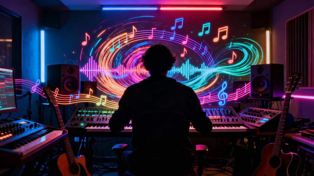 Melodic trap music production in a neon-lit studio.