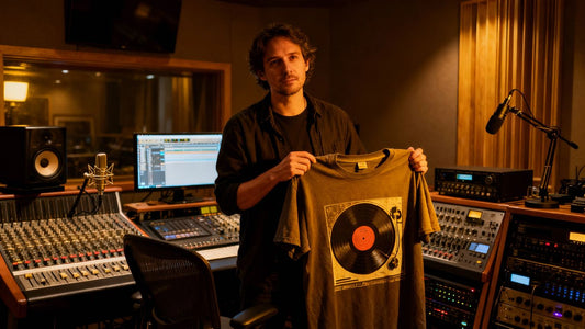 Producer holding merchandise in a recording studio.