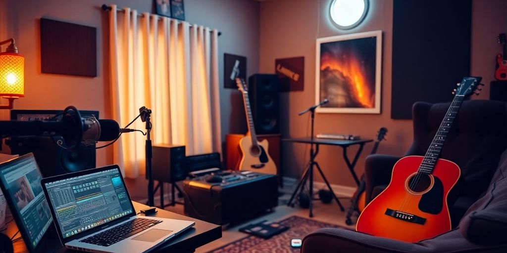 Home music studio with instruments and warm lighting.