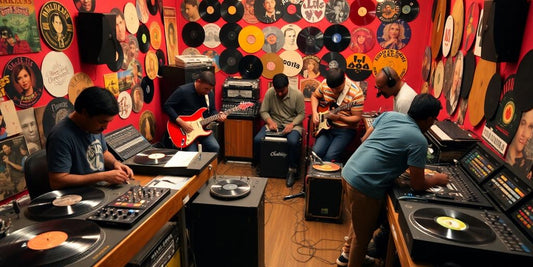 Musicians collaborating in a colorful music studio setup.