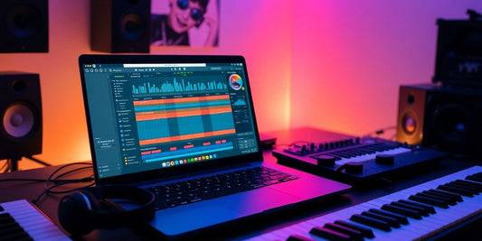 A workspace for beatmaking with instruments and a laptop.