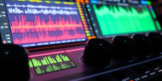 A digital audio workstation interface with colorful audio tracks.