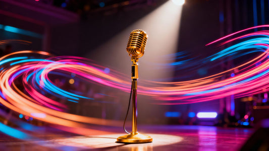 Golden microphone stand under a spotlight, colorful light trails.