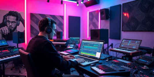 Producer using AI in a vibrant music studio.