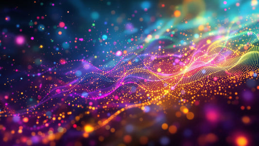 Abstract sound waves and musical instruments with colorful light.