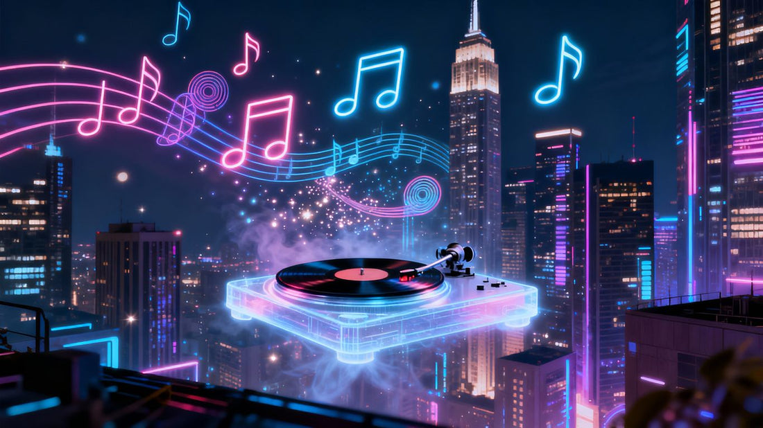 Futuristic cityscape with glowing musical notes and digital art.