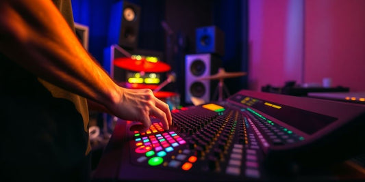 Musician adjusting a mixing console in a studio.