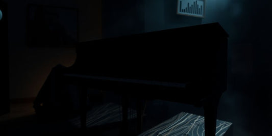 Dark piano in a dimly lit studio for music production.