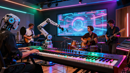 Futuristic studio with AI music technology and musicians