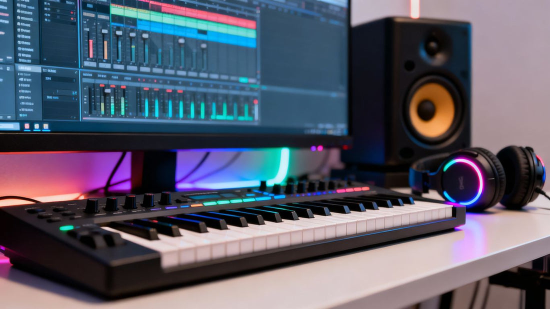 Home studio with computer, MIDI keyboard, and headphones.