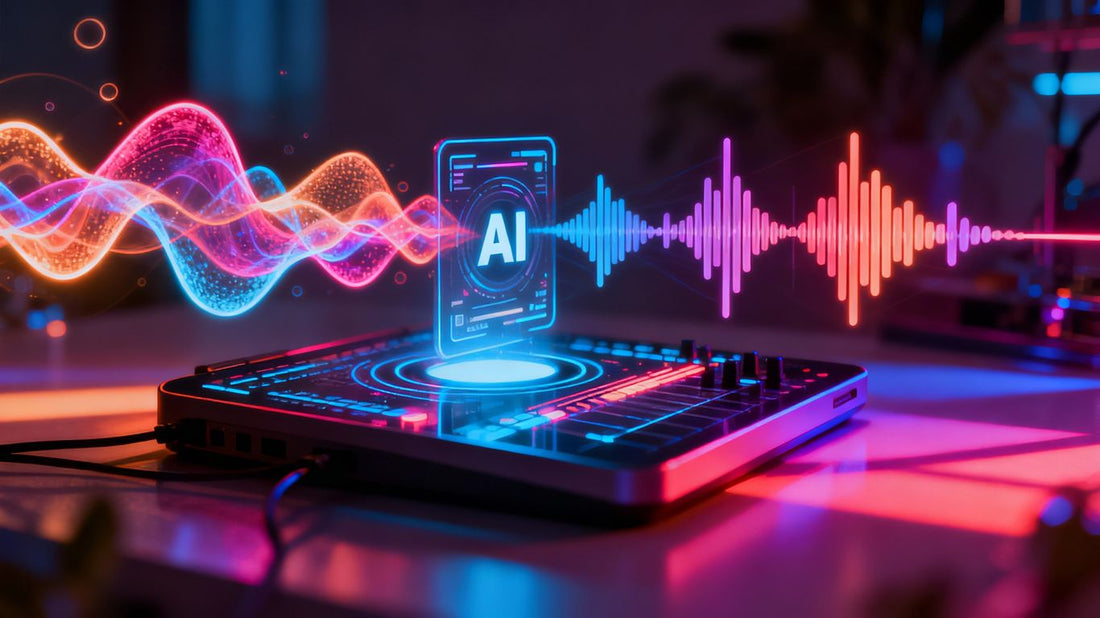 AI music tools in a futuristic studio