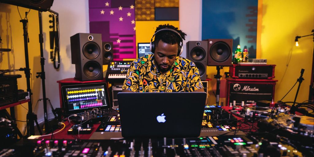 Musician mixing Afrobeats in a colorful studio environment.