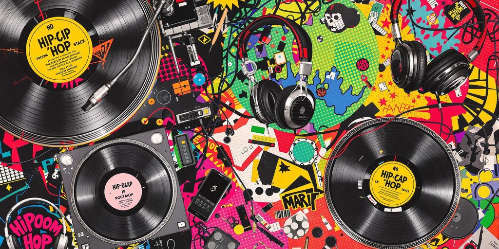 Colorful collage of turntables, vinyl, and drum machines.