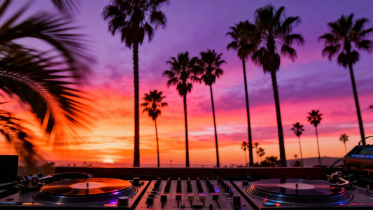 West Coast hip-hop influence with palm trees and music elements.