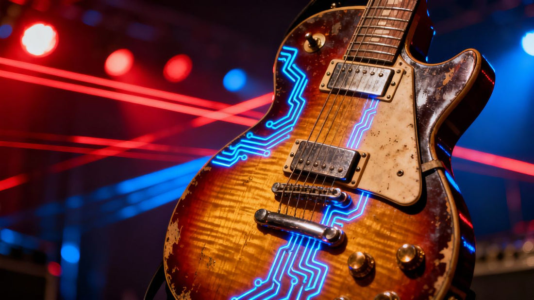 Electric guitar with digital circuits and stage lights.