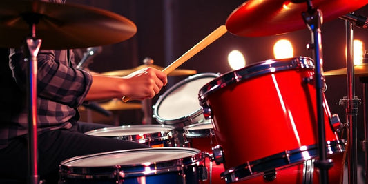 Drummer playing a vibrant drum set with motion.
