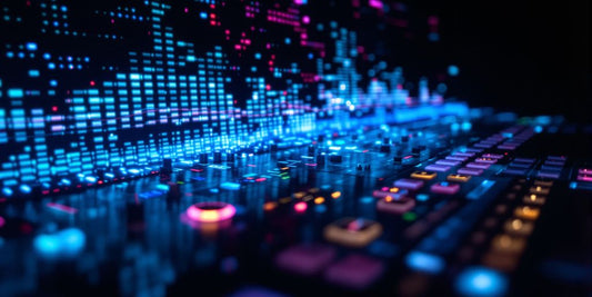 AI mixing console with glowing sound waves.