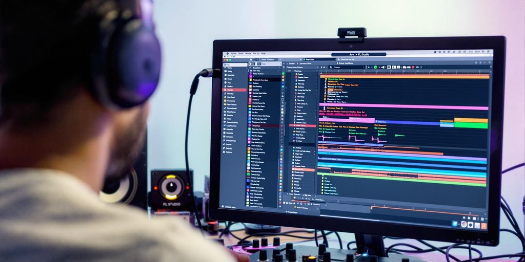 Music producer using FL Studio's playlist feature.