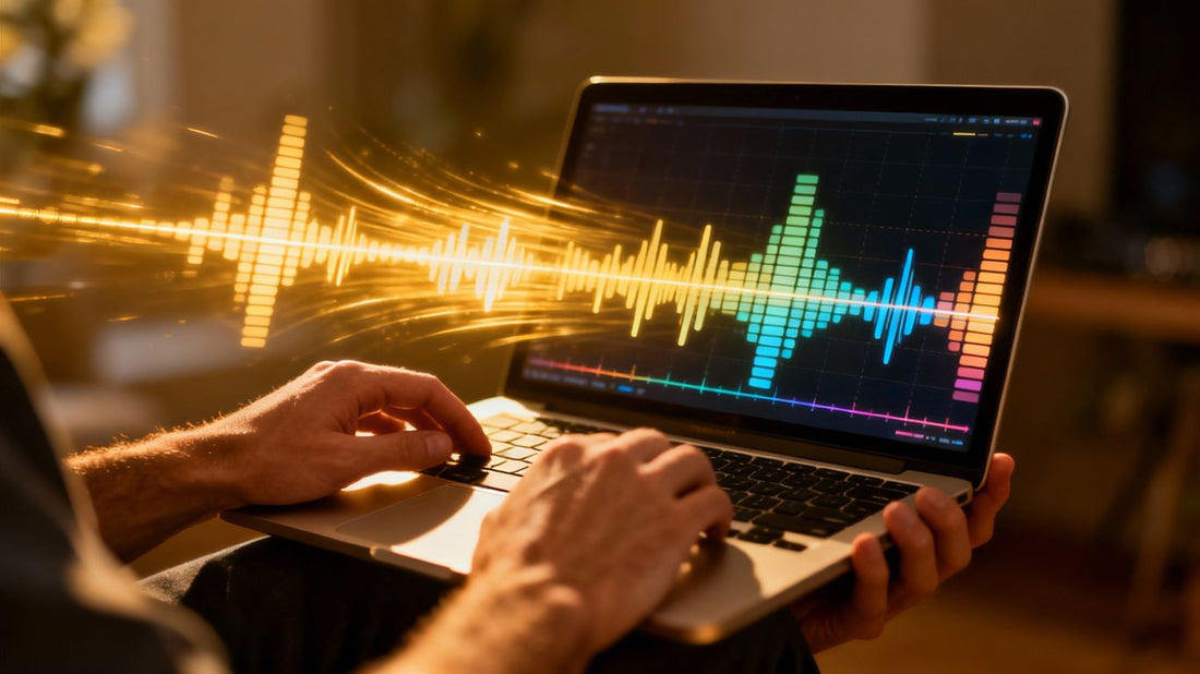 Hands holding laptop with music equalizer on screen.