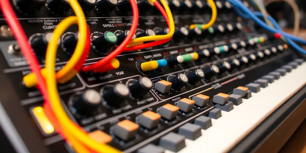 A close-up of a modular synthesizer with cables.