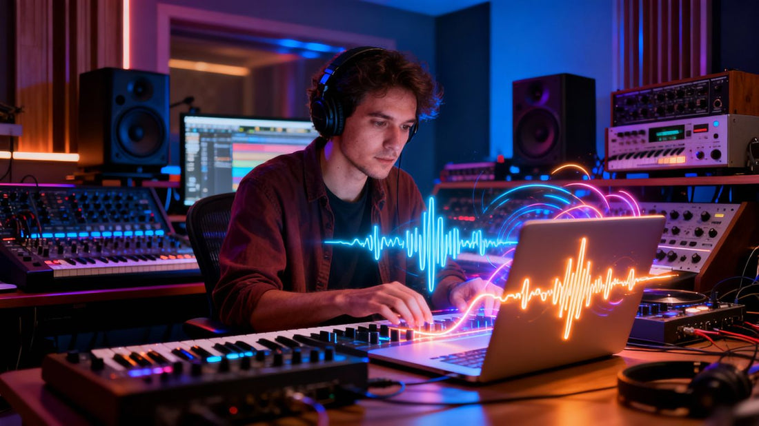 Producer creating beats in a studio with glowing sound waves.