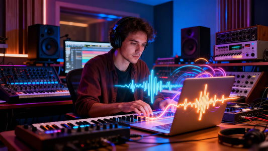 Producer creating beats in a studio with glowing sound waves.