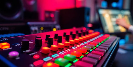 Colorful vocoder device with knobs in a studio setting.