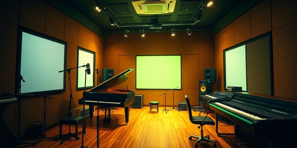 Luxurious music studio with grand piano and vintage microphones.