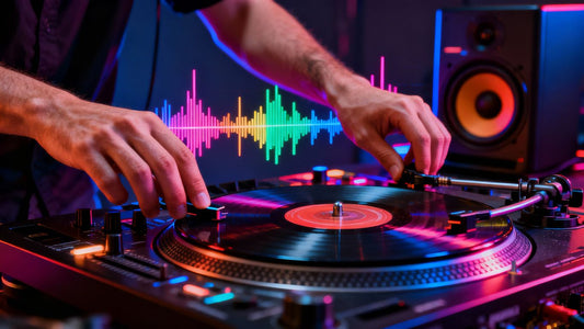 DJ hands on turntable with colorful sound waves.