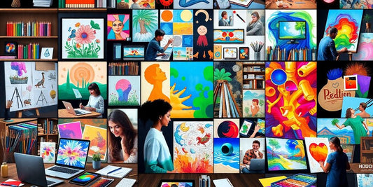 Diverse artists collaborating online with art supplies and tools.