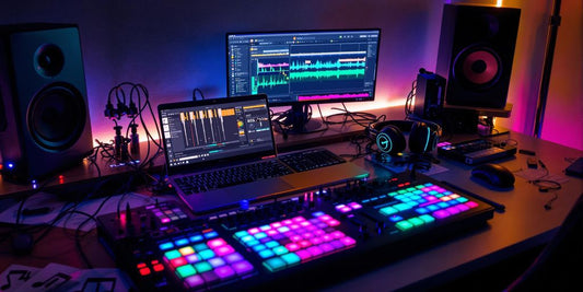 A colorful music production workspace with FL Studio setup.