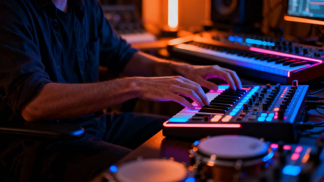 Beatmaker creating music in a modern studio.