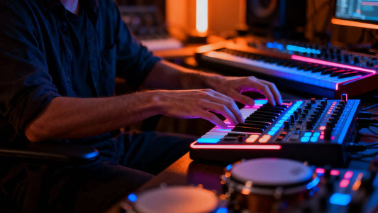 Beatmaker creating music in a modern studio.