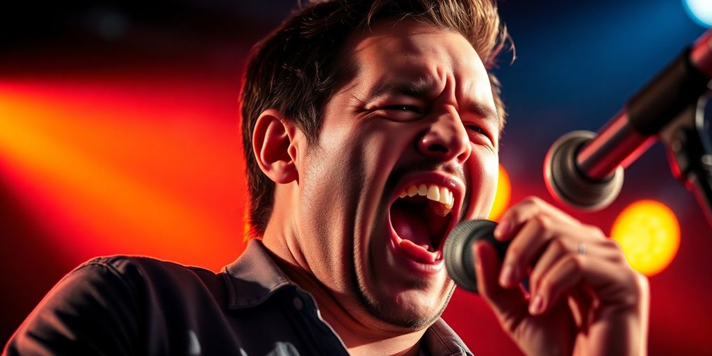 Musician performing with intense emotion and vibrant lighting.