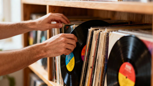Hands arranging vinyl records for a beat catalog.