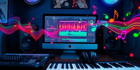 FL Studio workspace with musical instruments and vibrant sound waves.