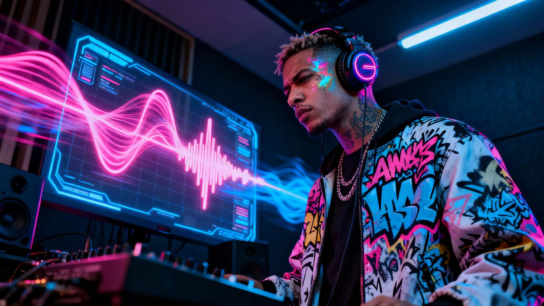 AI soundwaves interacting with hip-hop artist in studio.