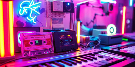 Neon lights and vintage synthesizer in synthwave style.