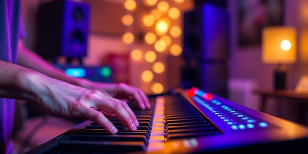 Musician playing electronic instruments in a colorful studio.