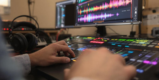 Man adjusting audio levels on computer.