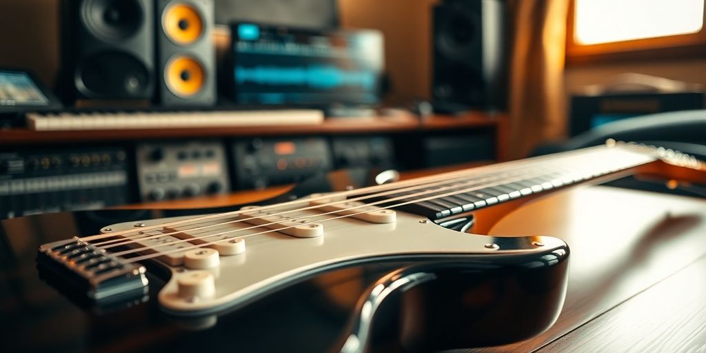 Close-up of an electric guitar on a table.