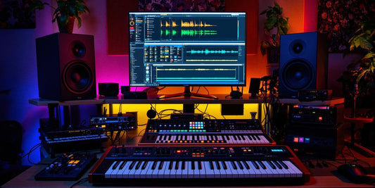 Photo of a music production setup with instruments.