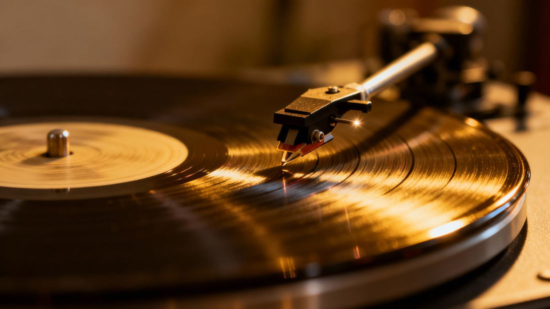 Vinyl record spinning on turntable with needle hovering.