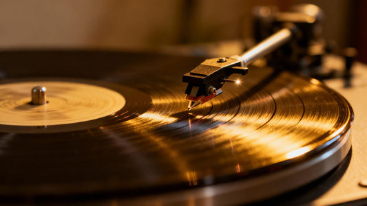 Vinyl record spinning on turntable with needle hovering.