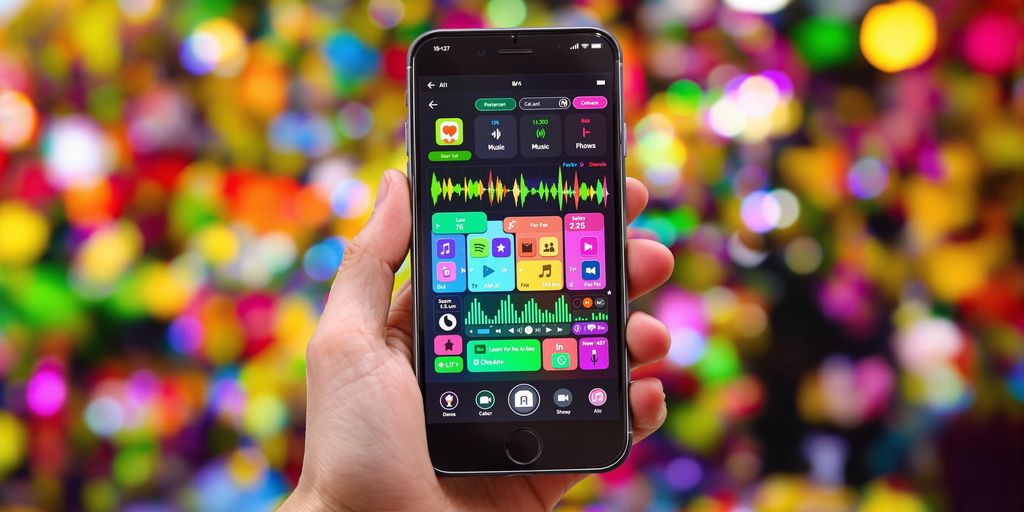 Smartphone with music apps and soundwave graphics.